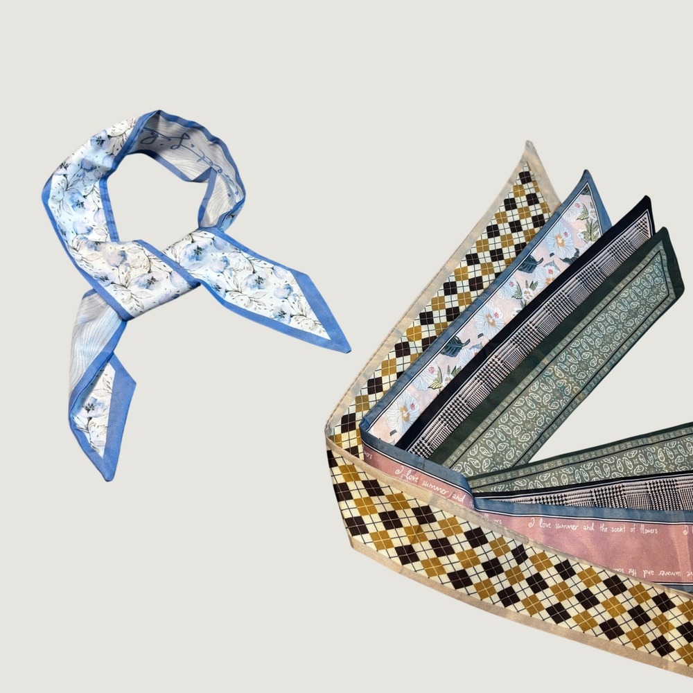 Women Skinny Scarf Set OS Multicolor Mixed Print Twilly Lot of 5 Bag Accessory